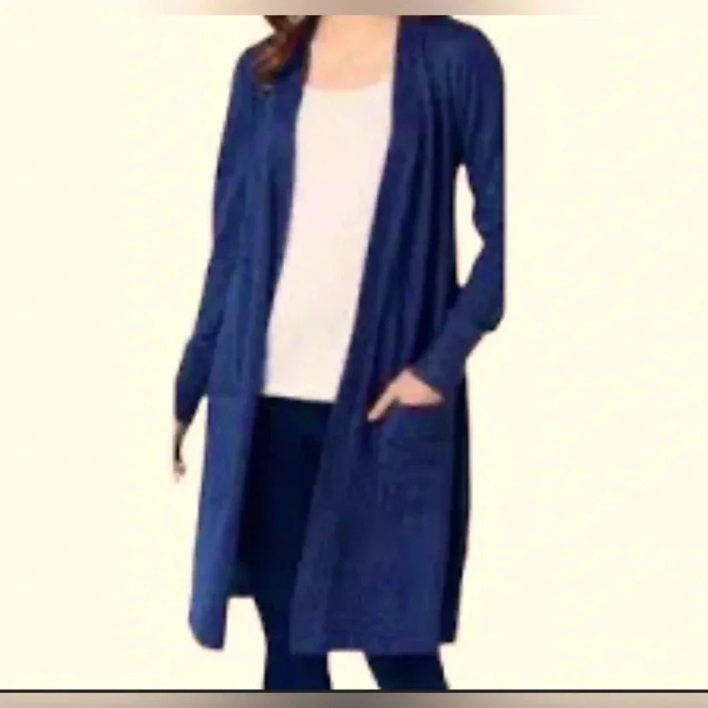 Denim & Co Women's Heather Blue Open Front Cardigan Duster Cotton Pockets 2X EUC